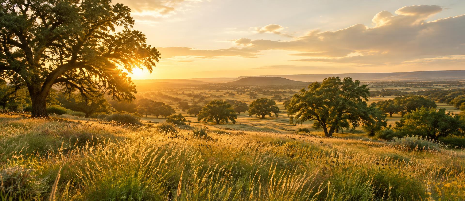 A sunlit Texas landscape at golden hour